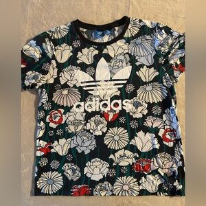VINTAGE Adidas Shirt Black Floral Classic 90s Casual Tee Size Small